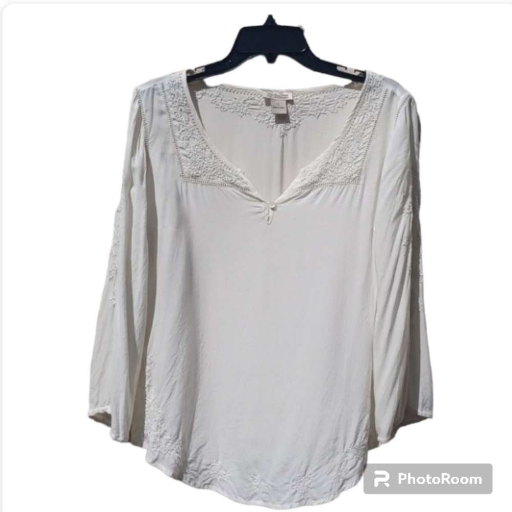 Lucky Brand boho top white L embroider loose fit country festival tunic prairie